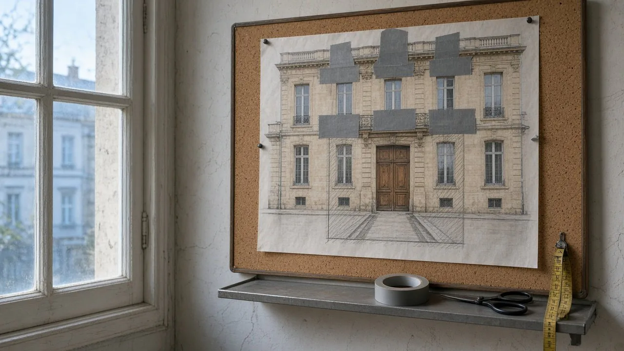 Ilustracja planowania kadru: zaznaczona brama oraz zasłonięte okna i balkon sąsiada