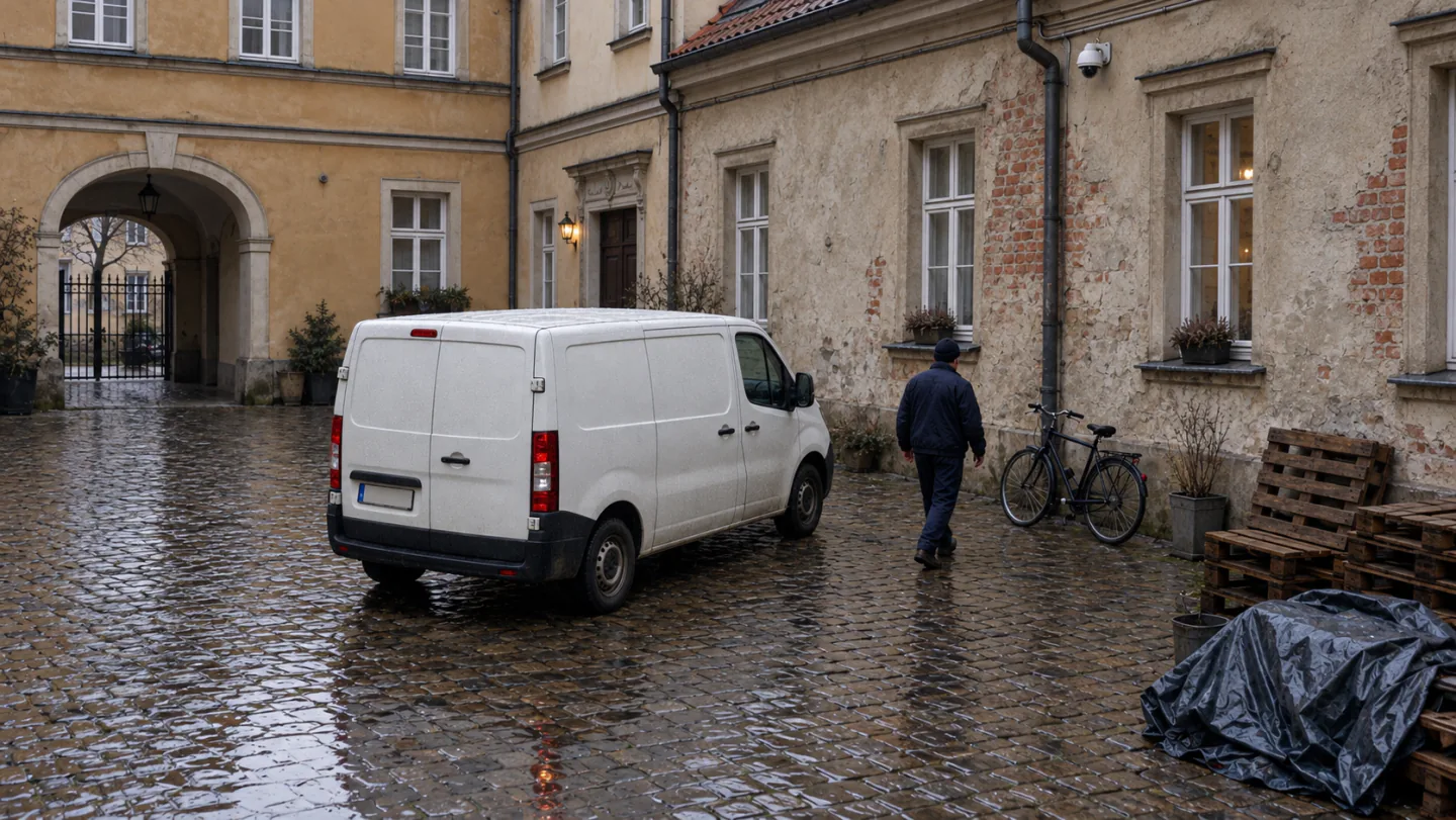 Utwardzony dziedziniec z samochodem dostawczym i przechodzącą osobą