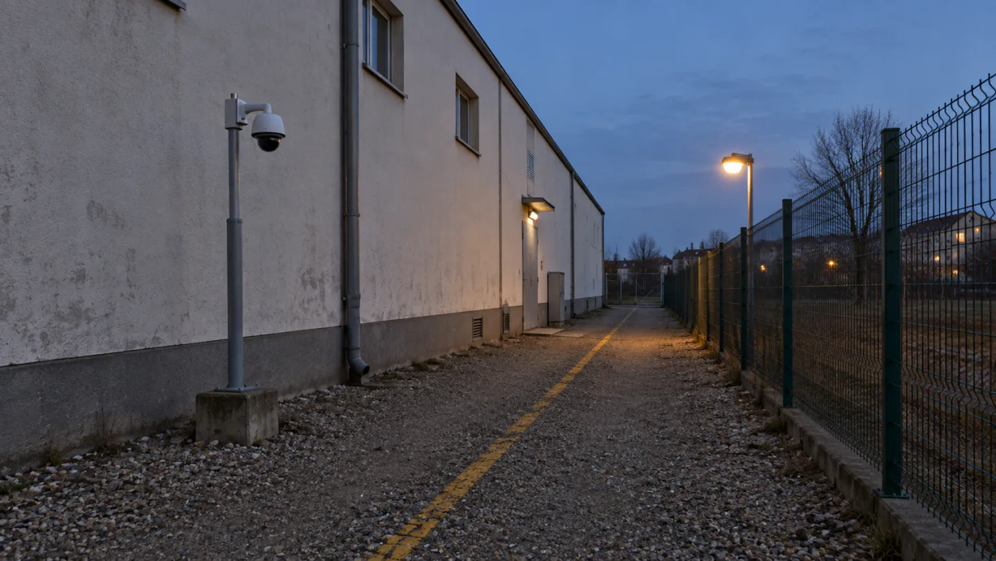 Pas żwiru przy ogrodzeniu z wyznaczoną linią obserwacji