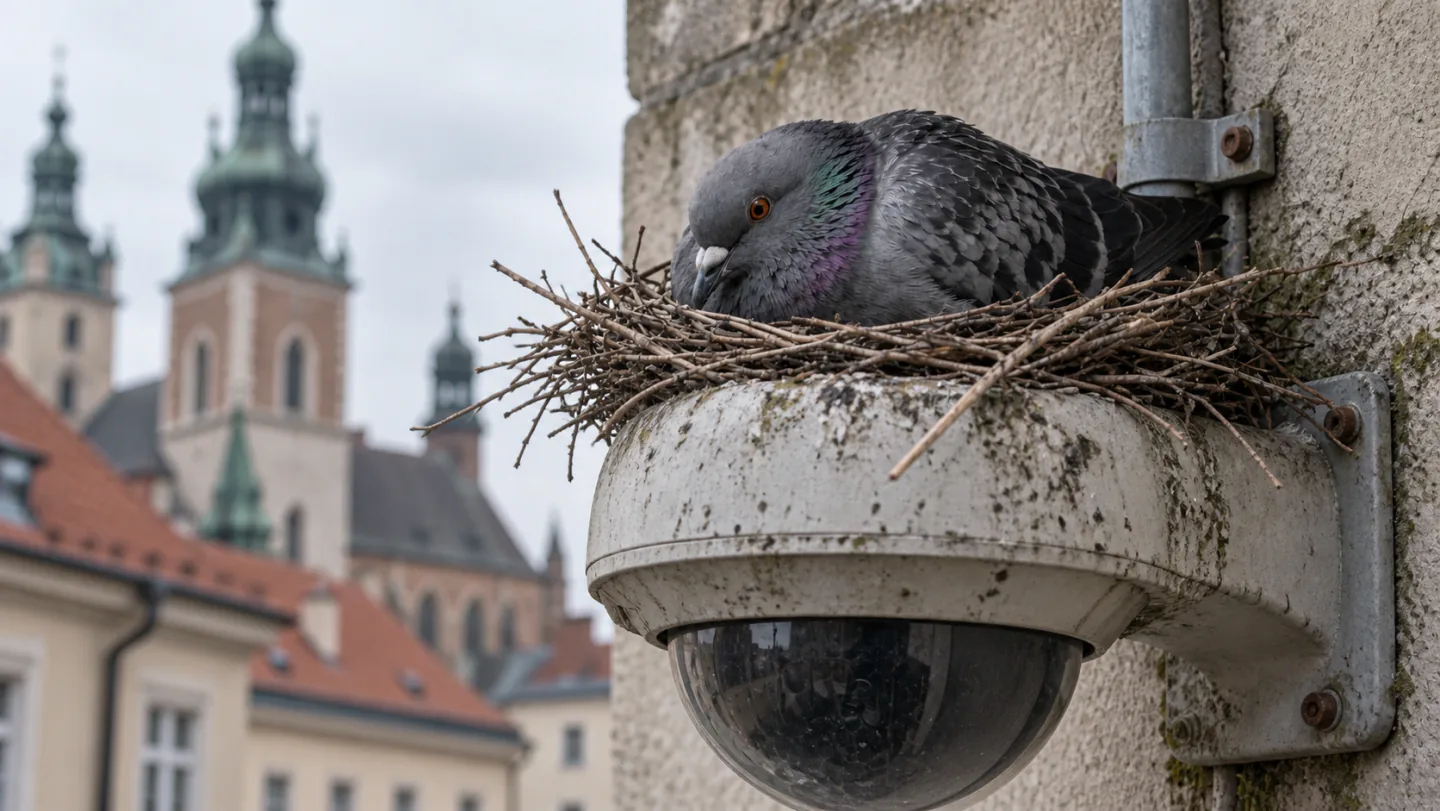 Gołąb z gniazdem na obudowie kamery