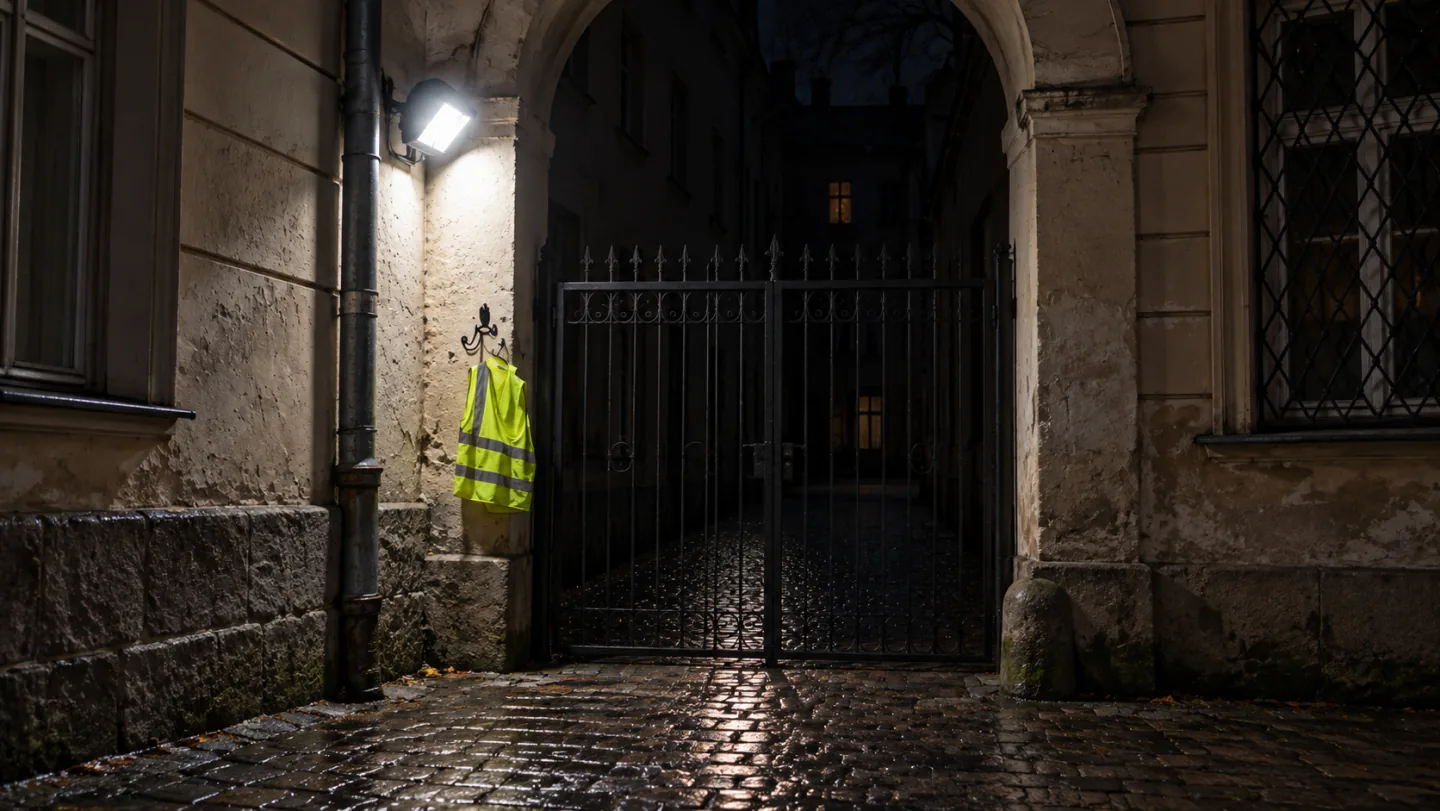 Brama nocą z jasnym pierwszym planem i ciemną alejką