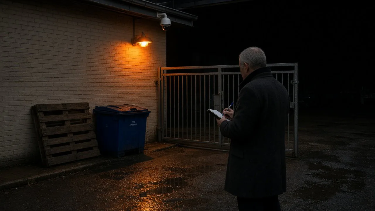 Ilustracja dziedzińca nocą: brama, lampa i kamera pod okapem, z ciemnym parkingiem w tle