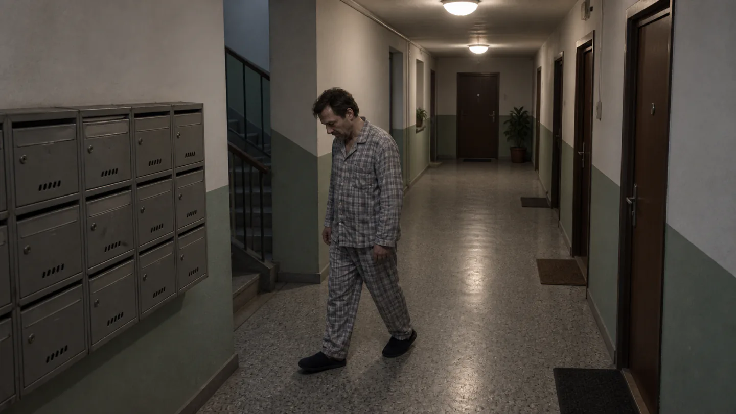 Osoba w piżamie na korytarzu budynku